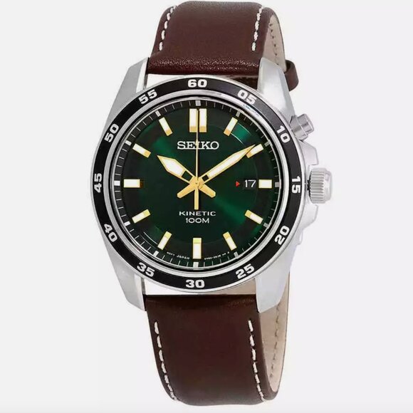 Seiko Green Dial Men's Brown Leather Watch - Picture 1 of 3